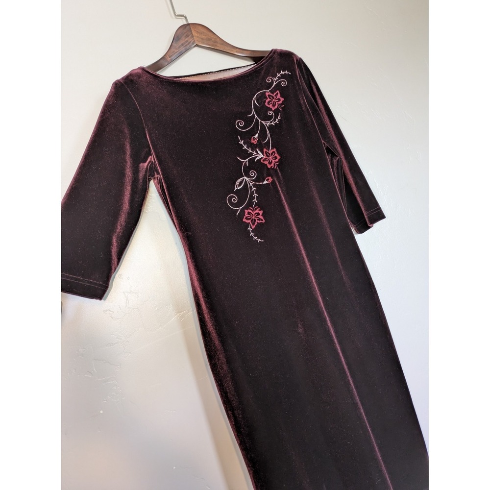 Danielle Casey Velvet Dress Burgundy Floral Embroidered Midi USA Stretch Medium?
